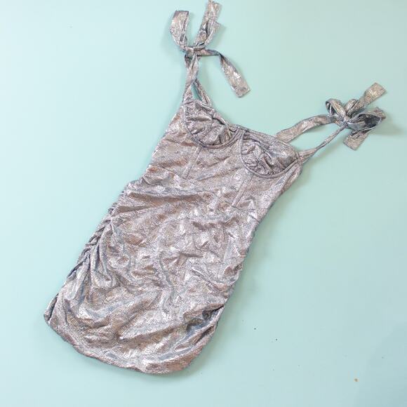 Lioness Senorita Metallic Silver Blue Ruched Underwire Cup Mini Dress Size Small - Picture 2 of 9